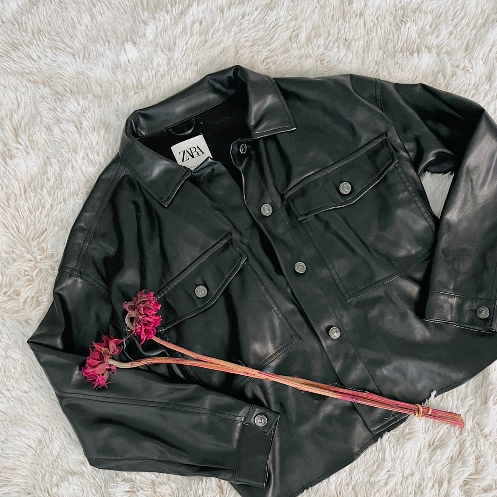 • Zara • Black Leather Button Up Jacket Shirt •